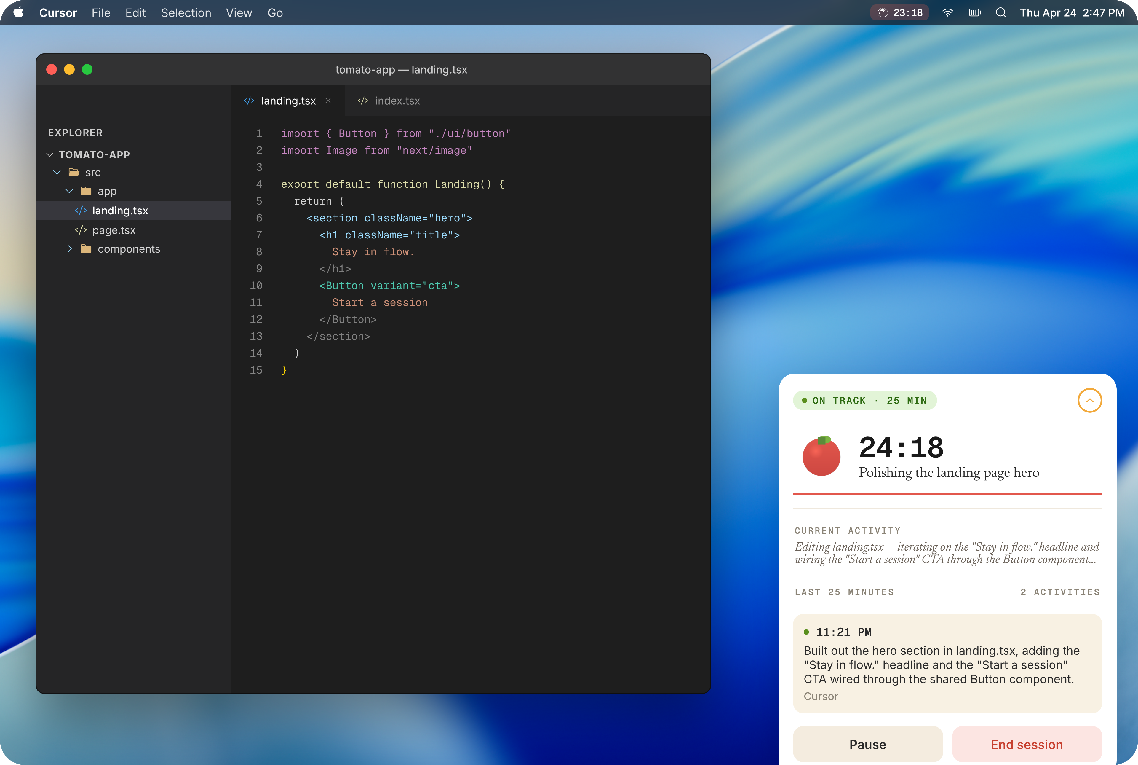 Expanded timer showing activity timeline and session progress